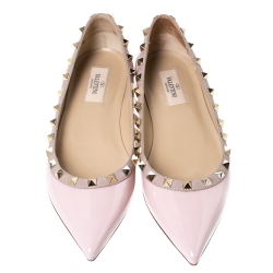 Pre Owned Valentino Light Pink Patent Leather Rockstud Pointed Toe Ballet Flats Size 37.5