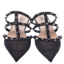 Pre Owned Valentino Black Mesh And Leather Rockstud Flat Mules Size 39