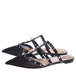 Pre Owned Valentino Black Mesh And Leather Rockstud Flat Mules Size 39