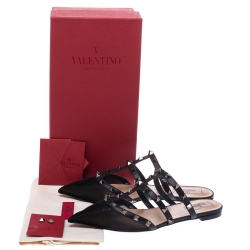 Pre Owned Valentino Black Mesh And Leather Rockstud Flat Mules Size 39