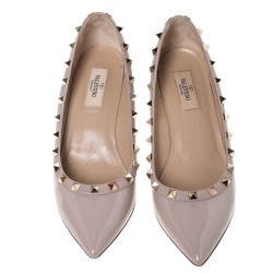 Pre Owned Valentino Poudre Patent Leather Rockstud Pointed Toe Wedge Pumps Size 37.5