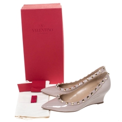 Pre Owned Valentino Poudre Patent Leather Rockstud Pointed Toe Wedge Pumps Size 37.5
