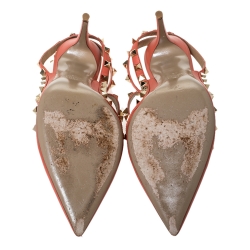 Pre Owned Valentino Orange Leather Rockstud Ankle Strap Sandals Size 40