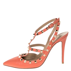 Pre Owned Valentino Orange Leather Rockstud Ankle Strap Sandals Size 40