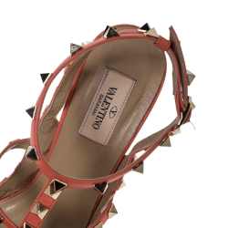 Pre Owned Valentino Orange Leather Rockstud Ankle Strap Sandals Size 40