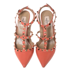 Pre Owned Valentino Orange Leather Rockstud Ankle Strap Sandals Size 40