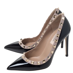 Pre Owned Valentino Black Patent Leather Rockstud Trim Pointed Toe Pumps Size 34.5