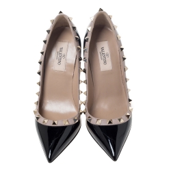 Pre Owned Valentino Black Patent Leather Rockstud Trim Pointed Toe Pumps Size 34.5