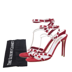 Pre Owned Valentino Red/White Suede and Leather Rockstud Strappy Sandals Size 39
