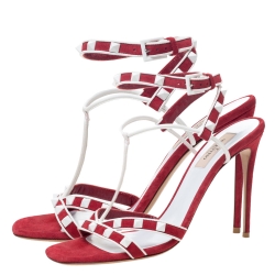 Pre Owned Valentino Red/White Suede and Leather Rockstud Strappy Sandals Size 39