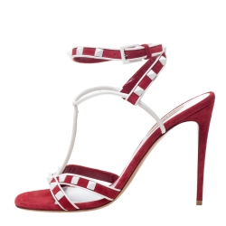 Pre Owned Valentino Red/White Suede and Leather Rockstud Strappy Sandals Size 39