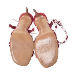 Pre Owned Valentino Red/White Suede and Leather Rockstud Strappy Sandals Size 39