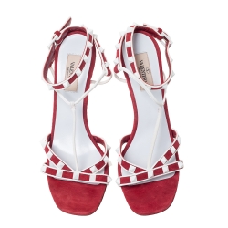 Pre Owned Valentino Red/White Suede and Leather Rockstud Strappy Sandals Size 39