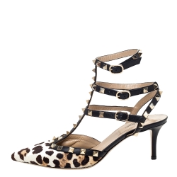 Pre Owned Valentino Black/White Leopard Print Pony Hair Rockstud Ankle Strap Sandals Size 38