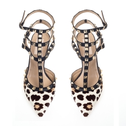 Pre Owned Valentino Black/White Leopard Print Pony Hair Rockstud Ankle Strap Sandals Size 38