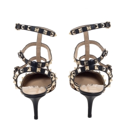 Pre Owned Valentino Black/White Leopard Print Pony Hair Rockstud Ankle Strap Sandals Size 38