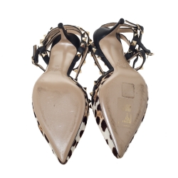 Pre Owned Valentino Black/White Leopard Print Pony Hair Rockstud Ankle Strap Sandals Size 38