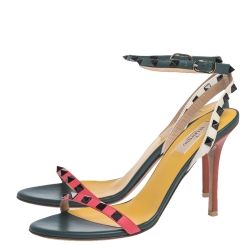 Pre Owned Valentino Multicolor Leather Black Rockstud Ankle Strap Sandals Size 38