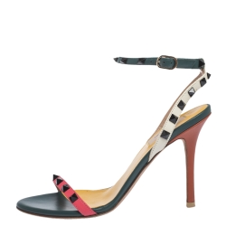 Pre Owned Valentino Multicolor Leather Black Rockstud Ankle Strap Sandals Size 38