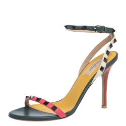 Pre Owned Valentino Multicolor Leather Black Rockstud Ankle Strap Sandals Size 38