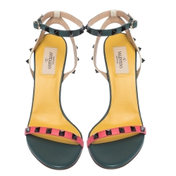 Pre Owned Valentino Multicolor Leather Black Rockstud Ankle Strap Sandals Size 38