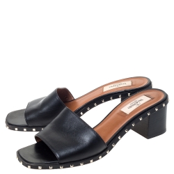 Pre Owned Valentino Black Leather Soul Rockstud Open Toe Sandals Size 38