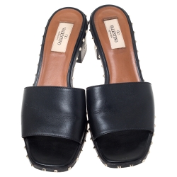 Pre Owned Valentino Black Leather Soul Rockstud Open Toe Sandals Size 38