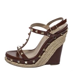 Pre Owned Valentino Brown Leather Rockstud Wedge Platform Ankle Strap Sandals Size 37