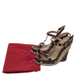 Pre Owned Valentino Brown Leather Rockstud Wedge Platform Ankle Strap Sandals Size 37