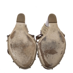 Pre Owned Valentino Brown Leather Rockstud Wedge Platform Ankle Strap Sandals Size 37