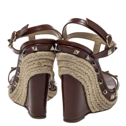 Pre Owned Valentino Brown Leather Rockstud Wedge Platform Ankle Strap Sandals Size 37
