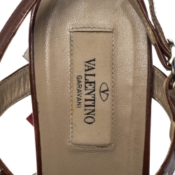 Pre Owned Valentino Brown Leather Rockstud Wedge Platform Ankle Strap Sandals Size 37