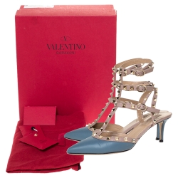 Pre Owned Valentino Blue/Beige Leather Rockstud Cage Sandals Size 38.5