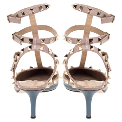 Pre Owned Valentino Blue/Beige Leather Rockstud Cage Sandals Size 38.5
