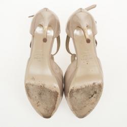 Pre Owned Valentino Nude Patent Leather T Strap Peep Toe Sandals Size 36.5 