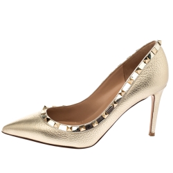 Pre Owned Valentino Metallic Gold Leather Rockstud Pointed Toe Pumps Size 38.5