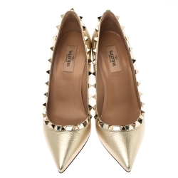 Pre Owned Valentino Metallic Gold Leather Rockstud Pointed Toe Pumps Size 38.5