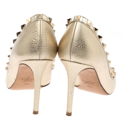 Pre Owned Valentino Metallic Gold Leather Rockstud Pointed Toe Pumps Size 38.5