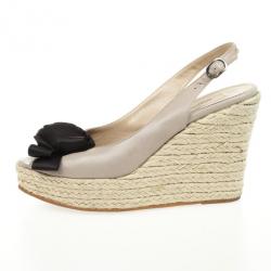 Pre Owned Valentino Beige Leather Satin Rose Embellished Slingback Espadrilles Wedges Size 39