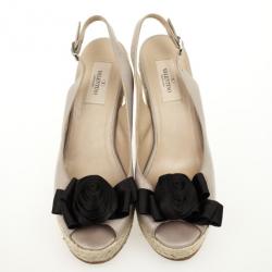 Pre Owned Valentino Beige Leather Satin Rose Embellished Slingback Espadrilles Wedges Size 39