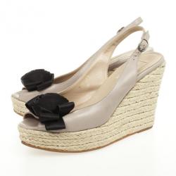 Pre Owned Valentino Beige Leather Satin Rose Embellished Slingback Espadrilles Wedges Size 39