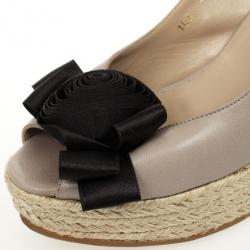 Pre Owned Valentino Beige Leather Satin Rose Embellished Slingback Espadrilles Wedges Size 39