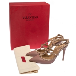 Pre Owned Valentino Beige Leather Rockstud Strappy Pointed Toe Sandals Size 38 