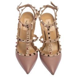 Pre Owned Valentino Beige Leather Rockstud Strappy Pointed Toe Sandals Size 38 