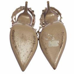 Pre Owned Valentino Beige Leather Rockstud Strappy Pointed Toe Sandals Size 38 