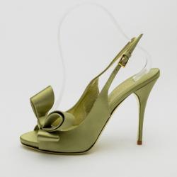 Pre Owned Valentino Green Satin Open Toe Bow Slingback Sandals Size 36.5