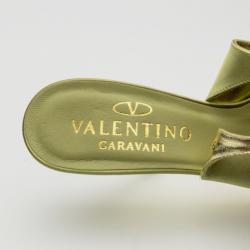 Pre Owned Valentino Green Satin Open Toe Bow Slingback Sandals Size 36.5