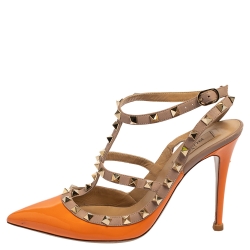 Pre Owned Valentino Orange/Beige Patent Leather Rockstud Sandals Size 40