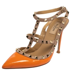 Pre Owned Valentino Orange/Beige Patent Leather Rockstud Sandals Size 40
