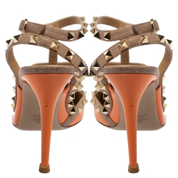 Pre Owned Valentino Orange/Beige Patent Leather Rockstud Sandals Size 40